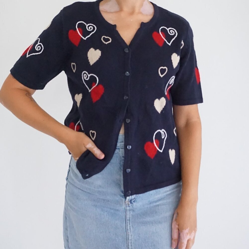 Vintage Christopher & Banks Navy Heart Button Front Knit Short Sleeve Cardigan S